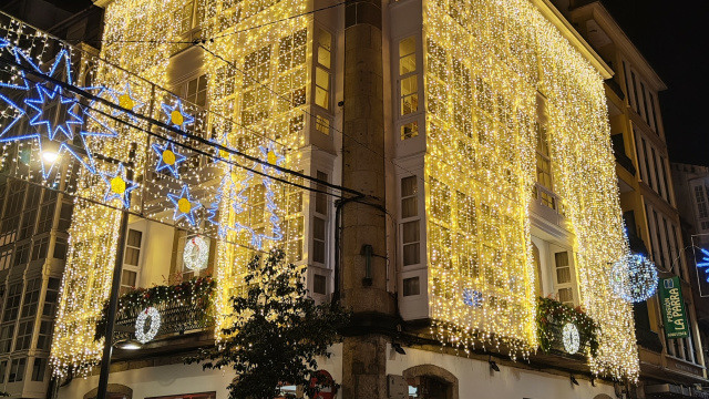 Illuminated building in Callao square